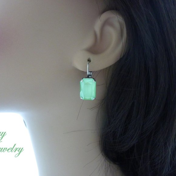 Mint Green Emerald Cut Drop Lever Back Crystal Earrings, Assorted Finishes - Picture 5 of 6